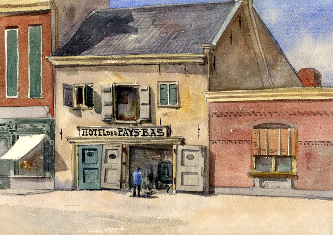 220 View of the front facade and partially the side facade of the coach house (Jansdam 10) of Hotel des Pays Bas