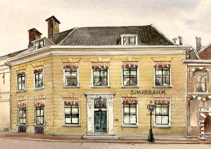 221 View of the side and front facade of the savings bank building, Achter de Dom 22 in Utrecht