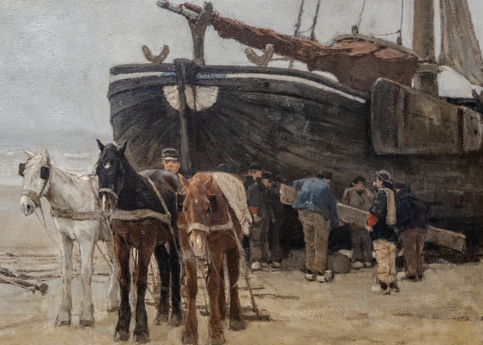 9016 Fishing boat with draft horses on the beach of Scheveningen