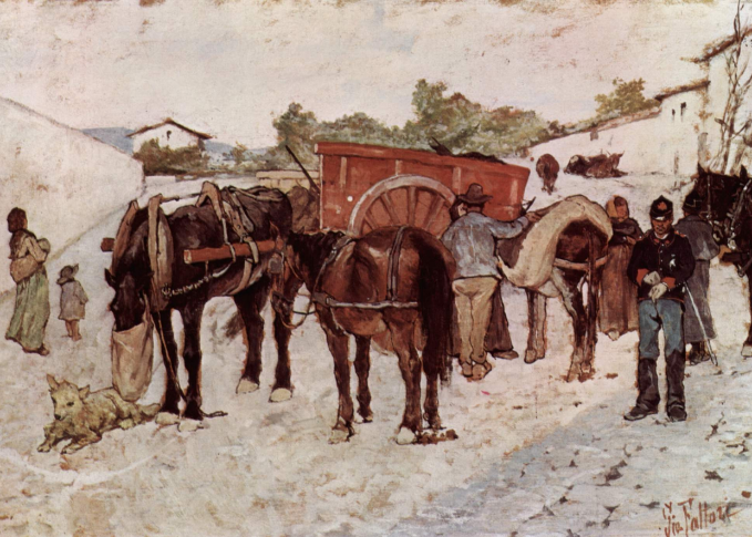 9607 Country road with farmers and soldiers (1885)