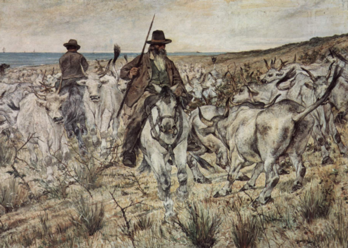 9617 Three mounted shepherds with a herd of bulls (1895)