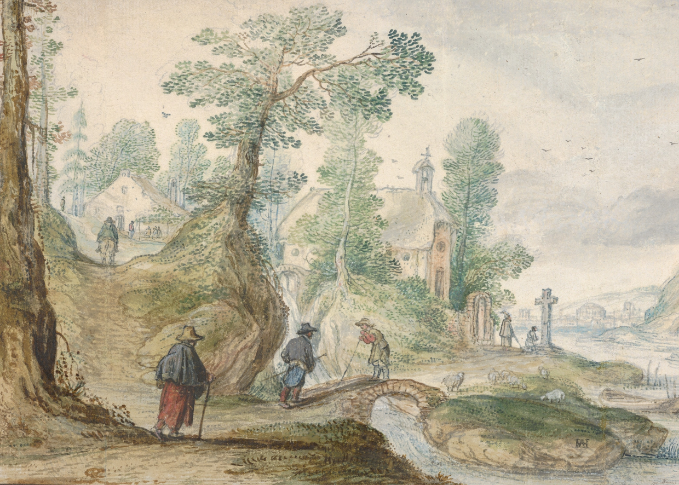 9703 A Wooded River Landscape with a Church and Figures (1613)
