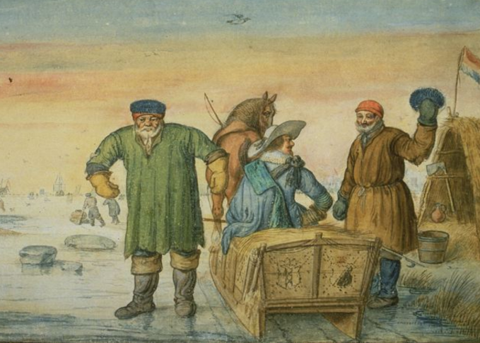 9716 Two old men beside a sled bearing the coats of arms of Amsterdam and Utrecht