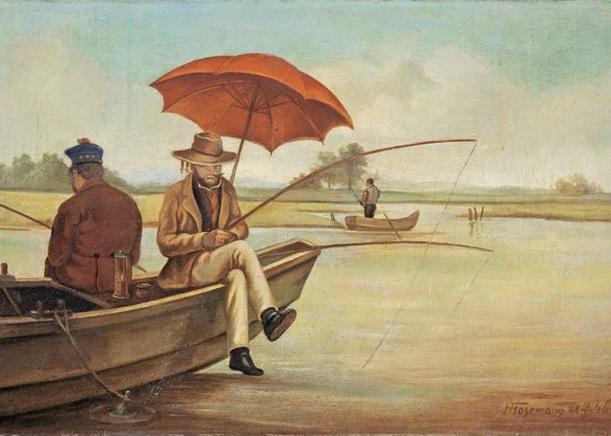 Angler in a boat with umbrella 1846